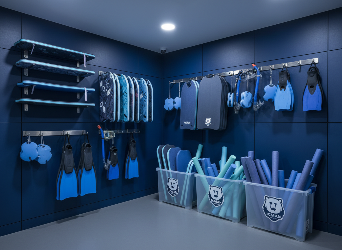 ICEMAN yüzme kulübü için tasarlanmış, koyu lacivert ve buz mavisi tonlarında modern bir ekipman köşesi. Duvara asılı, renk kodlu yüzücü tahtaları, denge kurpları, şnorkeller ve silikon paletler düzenli biçimde sıralanmış. Alt kısımda kulüp logosu işlenmiş büyük, temiz plastik sepetler içinde şık yüzme tahtaları ve köpük noodle’lar duruyor. Yumuşak, homojen tavan ışıkları, tüm ekipmanların dokusunu ve parlaklığını vurguluyor, zemindeki mat gri kauçuk kaplamada hafif yansımalar oluşturuyor. Göz hizasında, kuralına uygun kadrajla çekilmiş, fotoğrafik gerçekçi, düzenli, profesyonel ve güven veren bir kulüp altyapısı atmosferi sunuluyor.