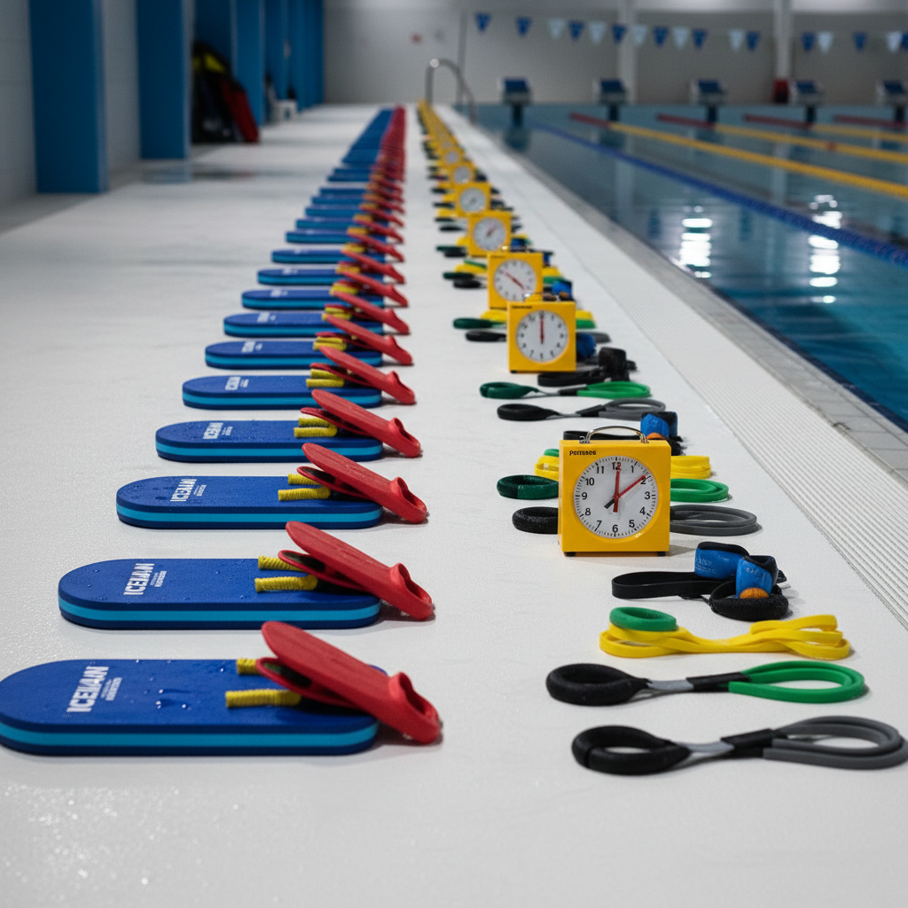 Performans gruplarına ayrılmış, kulvar başlarında yanyana dizilmiş profesyonel antrenman aksesuarları: ICEMAN logolu yüzme tahtaları, tempolu çalışmalar için el paletleri, direnç lastikleri ve interval saatinin yakın plan fotoğrafı. Aksesuarlar havuz kenarındaki pürüzsüz, hafif ıslak beyaz zemine titizlikle yerleştirilmiş, zeminde su damlalarının küçük yansımaları seçiliyor. Arkada, hafif flu, suya yansıyan LED tavan ışıkları ve derinlere uzanan kulvar çizgileri görünüyor. Yandan gelen güçlü ama dengeli aydınlatma, ekipmanların formunu ve renklerini vurguluyor. Fotoğrafik gerçekçi, enerjik ve yüksek performansa odaklı bir antrenman atmosferi yansıtılıyor.