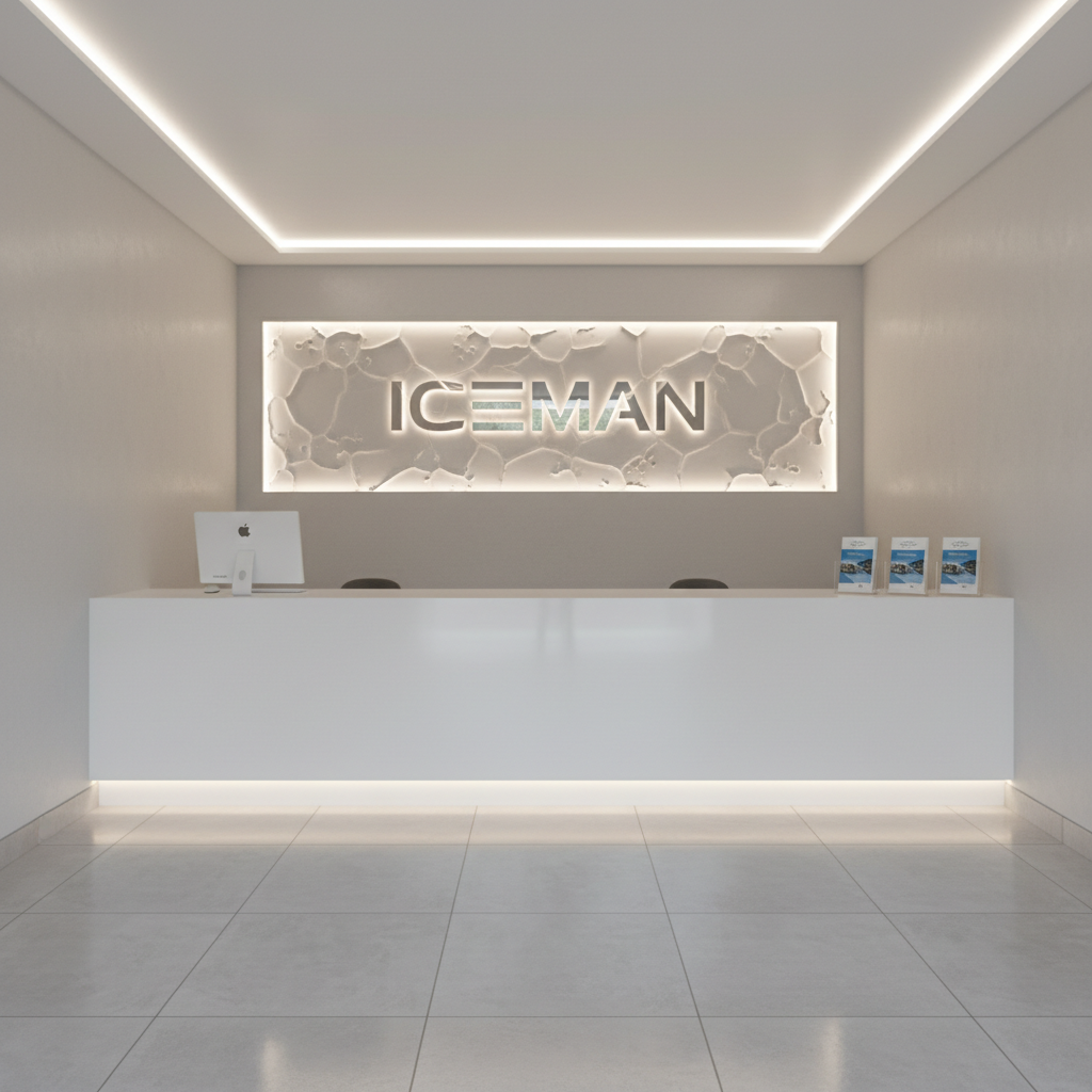 ICEMAN yüzme kulübünün profesyonelce tasarlanmış giriş resepsiyon alanı. Duvarın merkezinde büyük, metalik görünümlü ICEMAN logosu, buz efekti verilmiş arka panel üzerinde yer alıyor. Alt kısımda temiz, beyaz bir resepsiyon bankosu, üzerinde sade bir bilgisayar ekranı ve kulübün broşürlerinin bulunduğu şeffaf bir standla tamamlanmış. Zeminde açık gri seramik karolar, tavanda gizli LED şeritler yumuşak dolaylı ışık veriyor. Fotoğrafik gerçekçilikte, göz hizasında alınmış kadraj, modern, güven veren, profesyonel bir ortam ve ilk izlenimde kalite hissi yaratacak net ve düzenli bir atmosfer sunuyor.