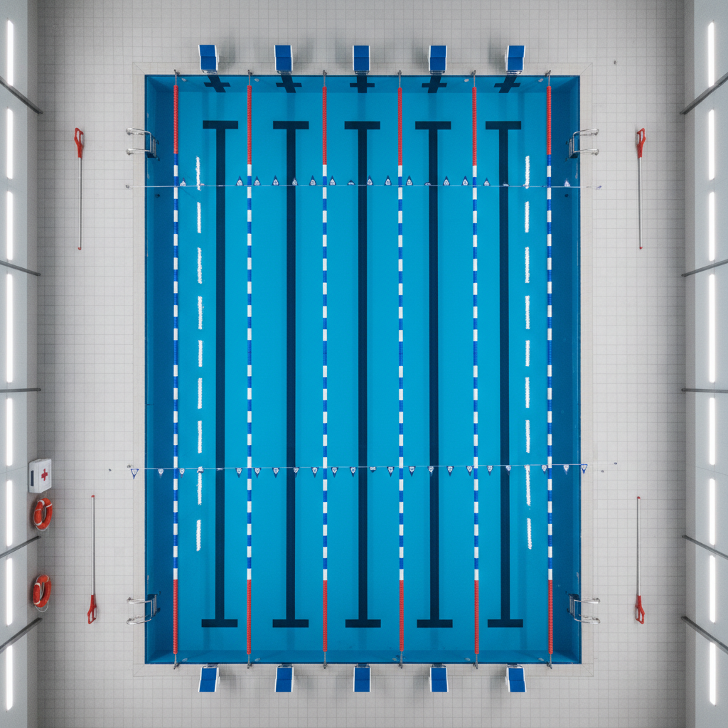 Tamamı ICEMAN kurumsal renkleriyle dekore edilmiş, kapalı bir antrenman havuzunun kuşbakışı görünümü. Mavi tonlarda su yüzeyi boyunca uzanan kusursuz kulvar çizgileri, renkli kulvar ayırıcı şamandıraları ve her iki uçta yer alan start blokları net şekilde seçiliyor. Havuzun etrafındaki açık gri kaymaz zemin, köşelerde düzgünce yerleştirilmiş ilk yardım çantası, can simidi ve kurtarma kancası gibi güvenlik ekipmanlarıyla tamamlanmış. Tavandan gelen homojen LED aydınlatma, su yüzeyinde eşit parlaklık yaratıyor, gölgeler minimal. Fotoğrafik gerçekçi, düzenli, disiplinli ve üst düzey organizasyon hissi veren, temiz ve modern bir kompozisyon.
