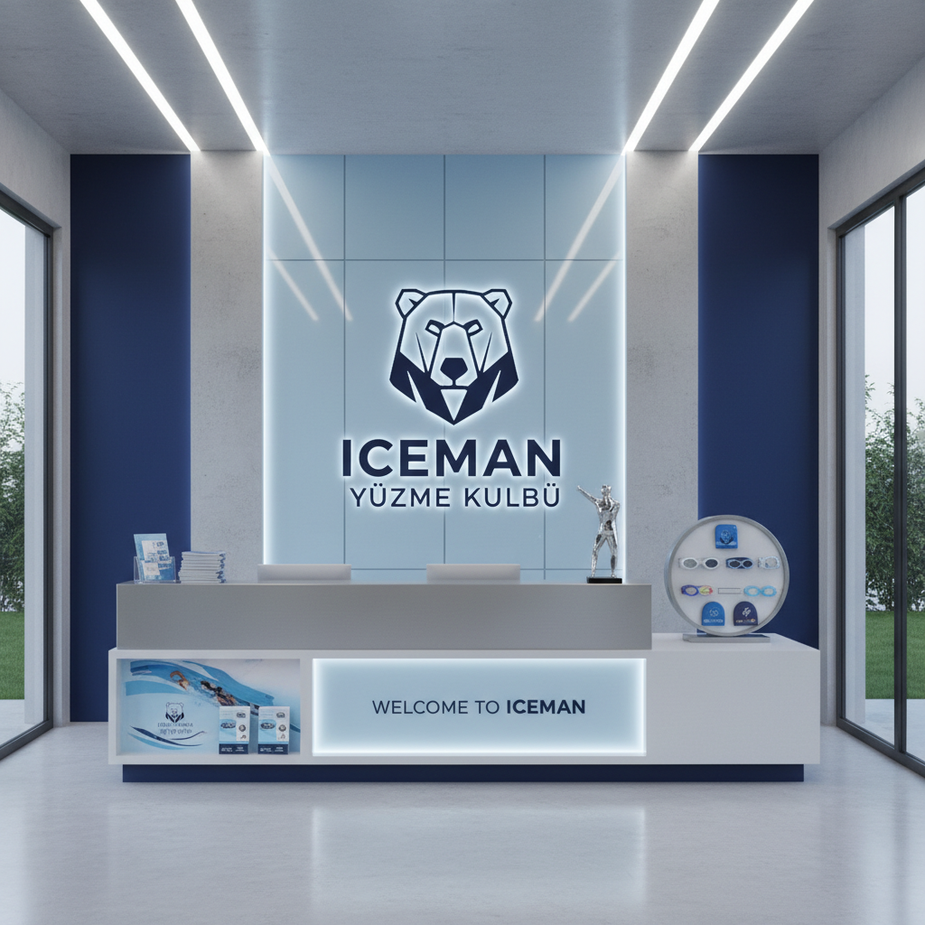 ICEMAN yuzme kulubunun yeni logosunu ve kurumsal kimligini yansitan, buz mavisi ve lacivert tonlarda, modern ve profesyonel bir giris resepsiyon alani. Duvarin merkezinde guncel ICEMAN logosu net ve temiz bir sekilde yer aliyor, altinda duzenli bir resepsiyon bankosu, yaninda kulup broshurleri ve minimalist spor odakli dekor ogeleri var. Modern, net, foto-gercekci, yuksek kalite, kulubun yeni marka kimligiyle tam uyumlu.